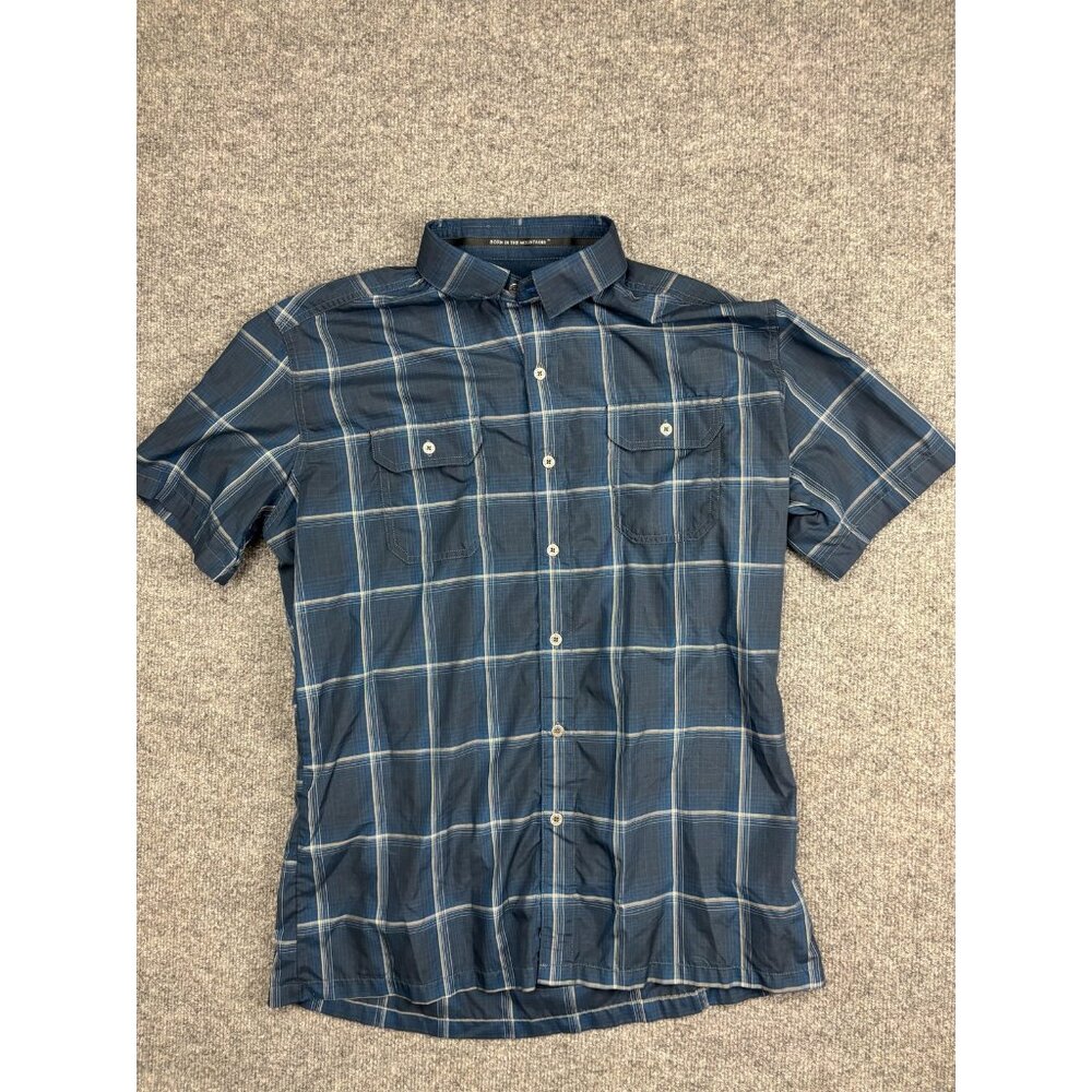 Kuhl Shirt Mens Medium Blue Plaid Short Sleeve Button Front Eluxur Ionik Outdoor